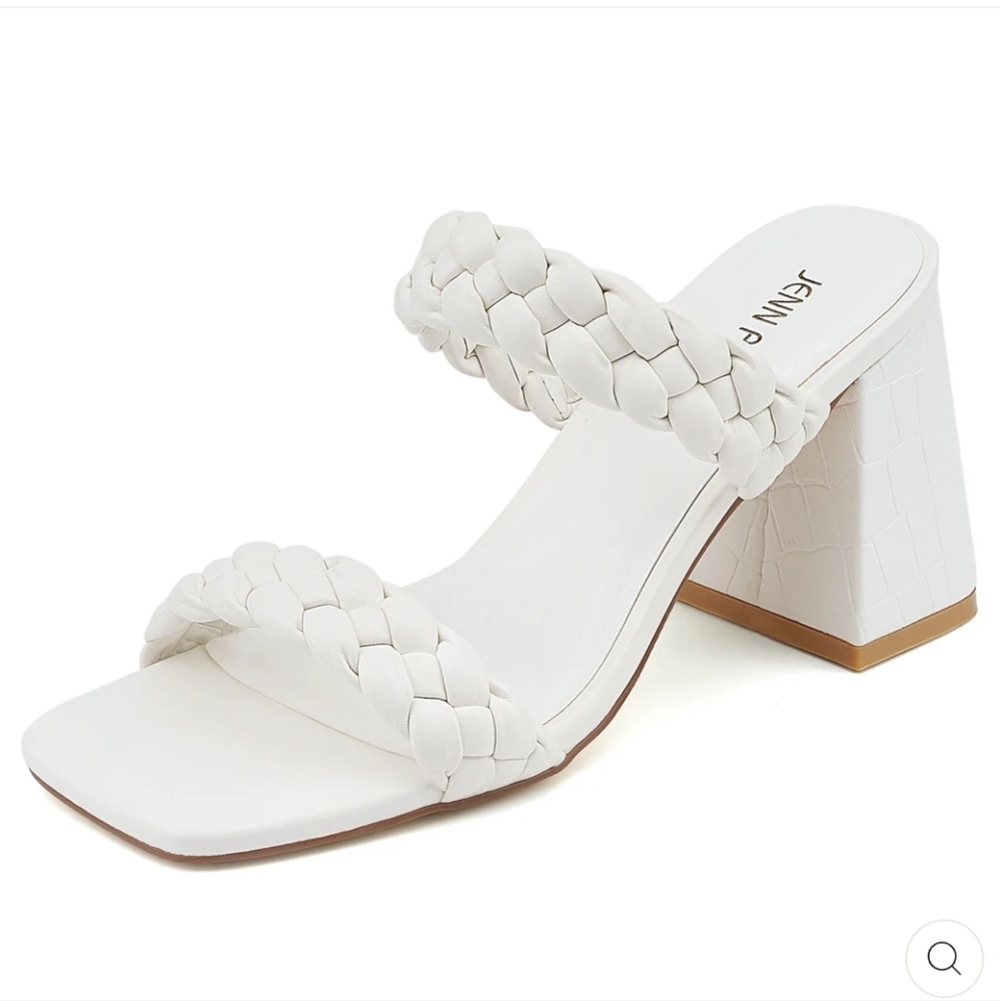 JENN ARDOR White Braided Chunky Heel Square Toe Sandals